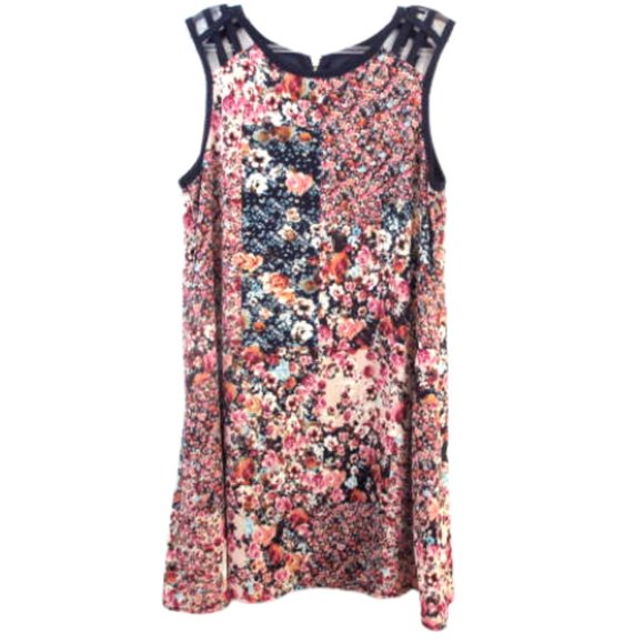 Speechless Navy Pink Chiffon Floral Patchwork Lattice Shoulder Midi Dress - Picture 1 of 10